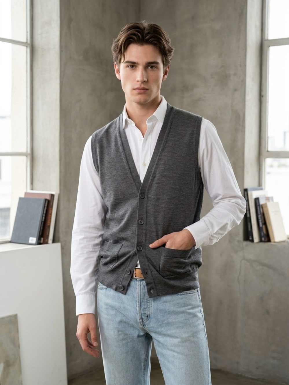 Yves Saint Laurent Gray Virgin Wool Cardigan Vest Sweater Mens Size L Italy YSL